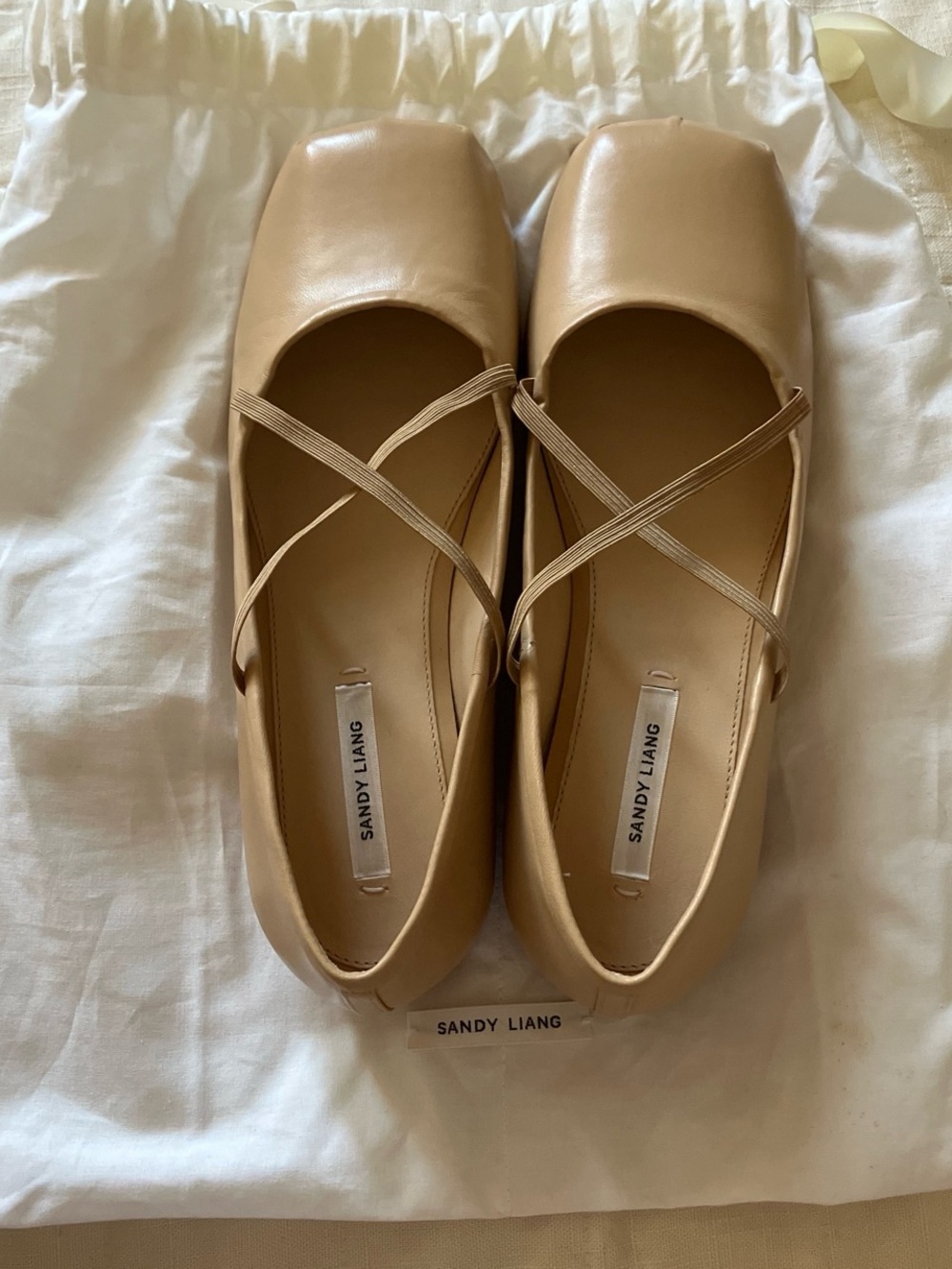 Sandy Liang Tan Cross-Strap Square-Toe Ballet Flats